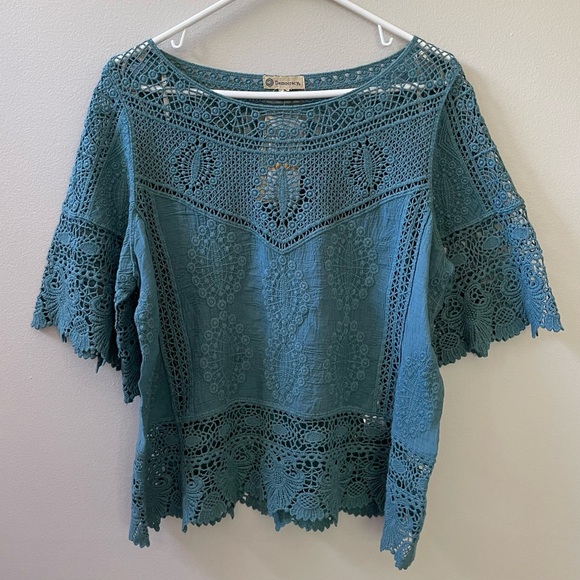 Democracy Tops - Democracy Green/Blue Crochet Cotton Boho Blouse Top Sz S